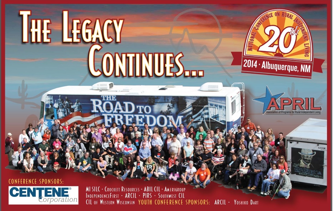 The Legacy Continues: Picture of Road to Freedom Bus with APRIL Conference attendees in front and to the right a 20th National APRIL conference Logo.