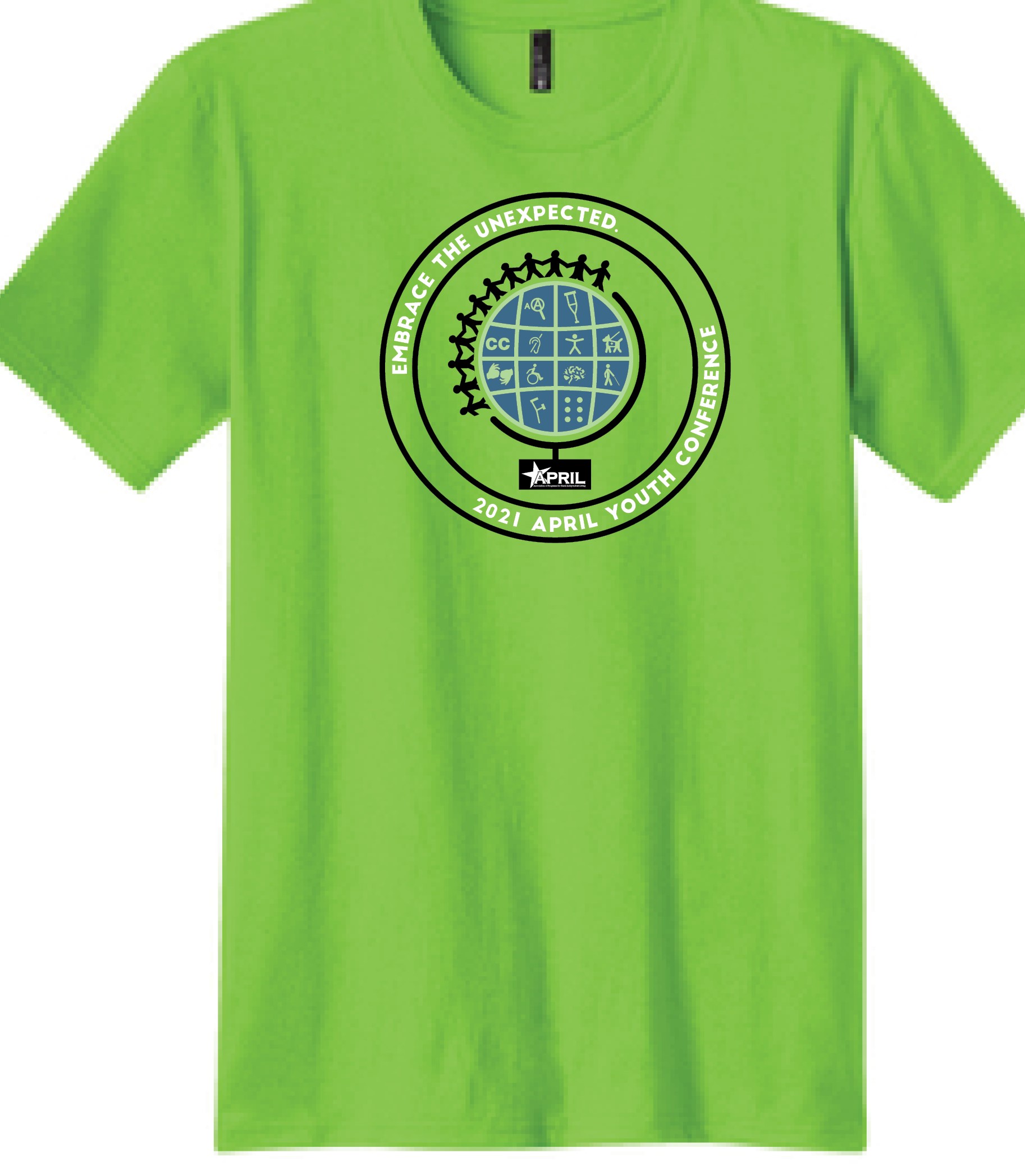 APRIL Youth Green tshirt Embrace the unexpected globe with people standing around the outside