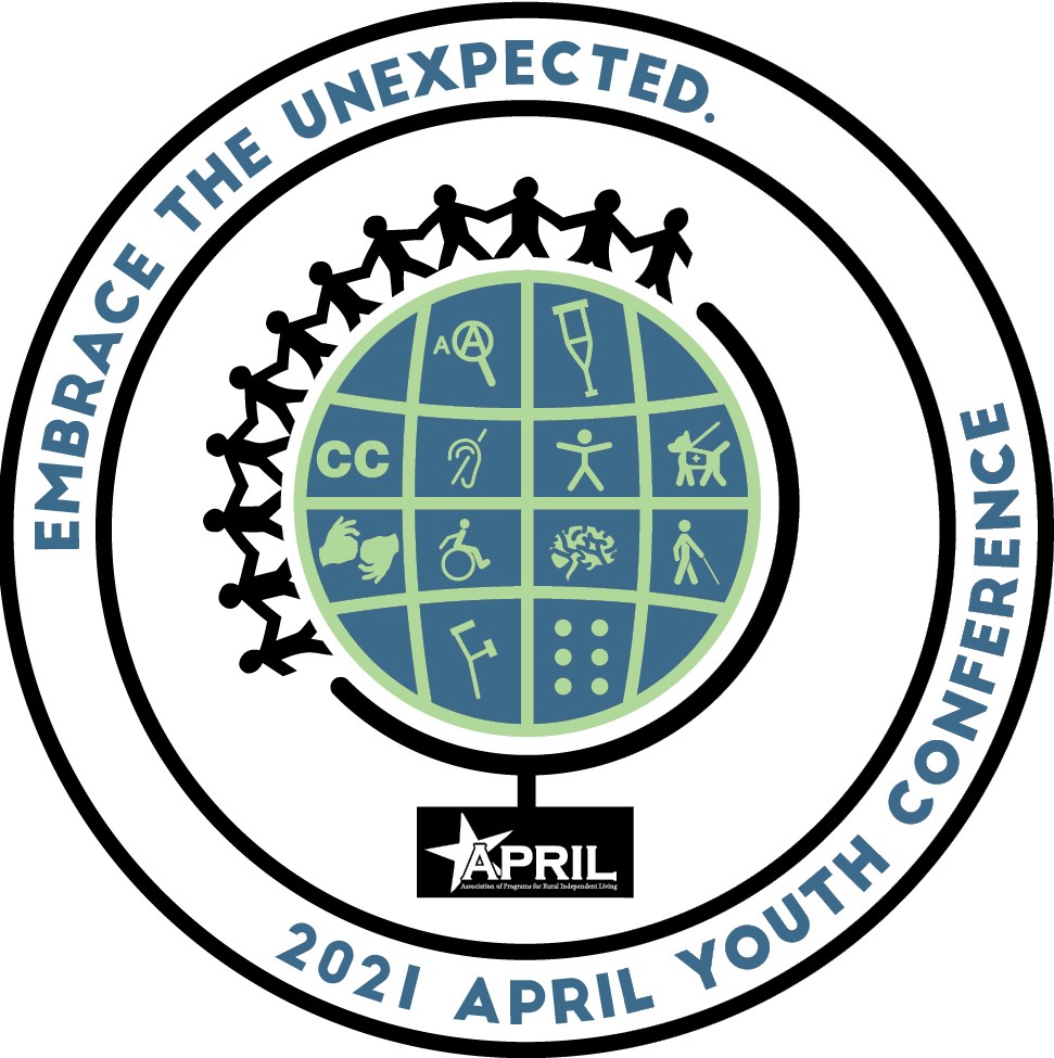 embrace the unexpected 2021 APRIL Youth Conference Globe with people holding hands around it various access symbols on the inside 