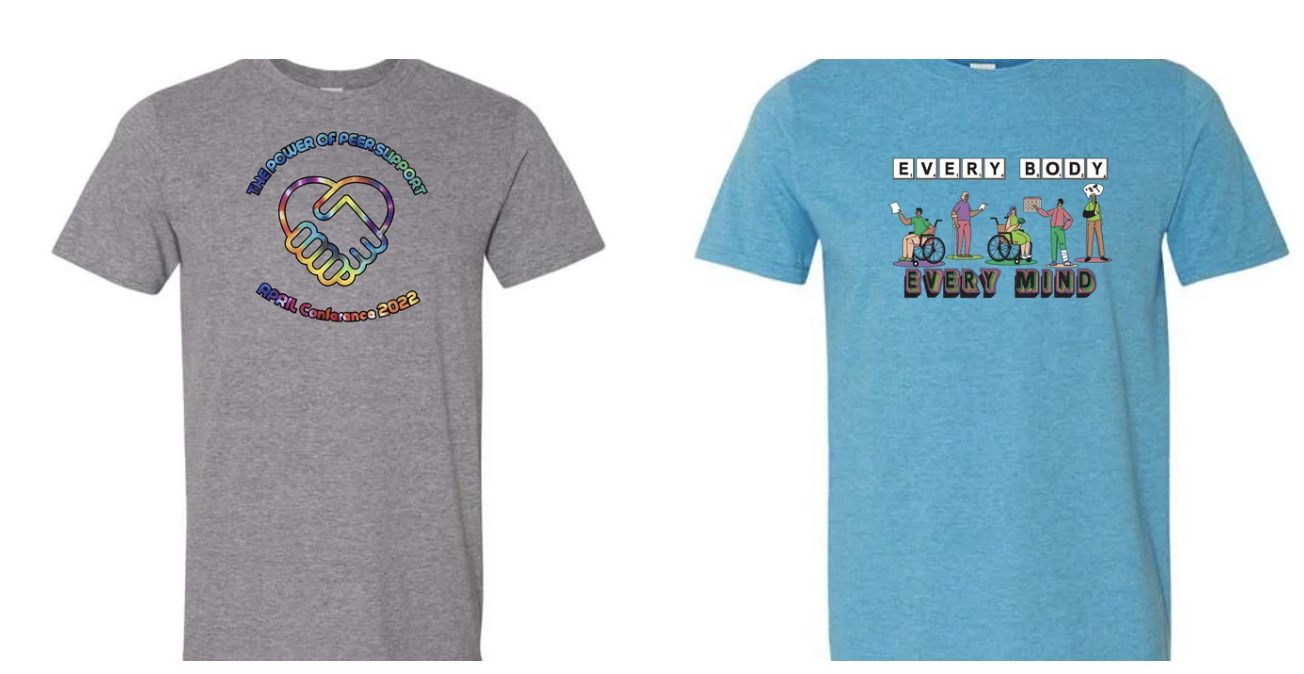 Images of the APRIL 2022 Conference t-shirts. Conference shirt is heather gray with the conference logo on the front in tie dye. Youth conference shirt is teal with various diverse cartoon people on the front with the words "Every Body Every Mind"..