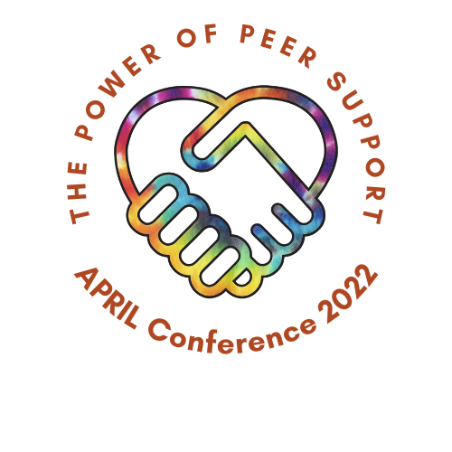Image in tie dye of two hands embracing in a handshake in a way that makes the shape of a heart. Around this image are the words "The Power of Peer Support. APRIL Conference 2022."