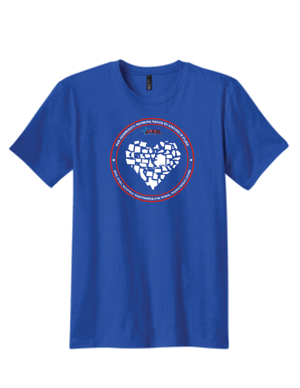 Blue Tshirt with a heart made up of all the states in the USA with Our Community: Showing Grace by Staying in Place