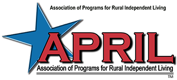 APRIL Logo APRIL red letters Association of Program for Rural Independent Living with a Blue Star