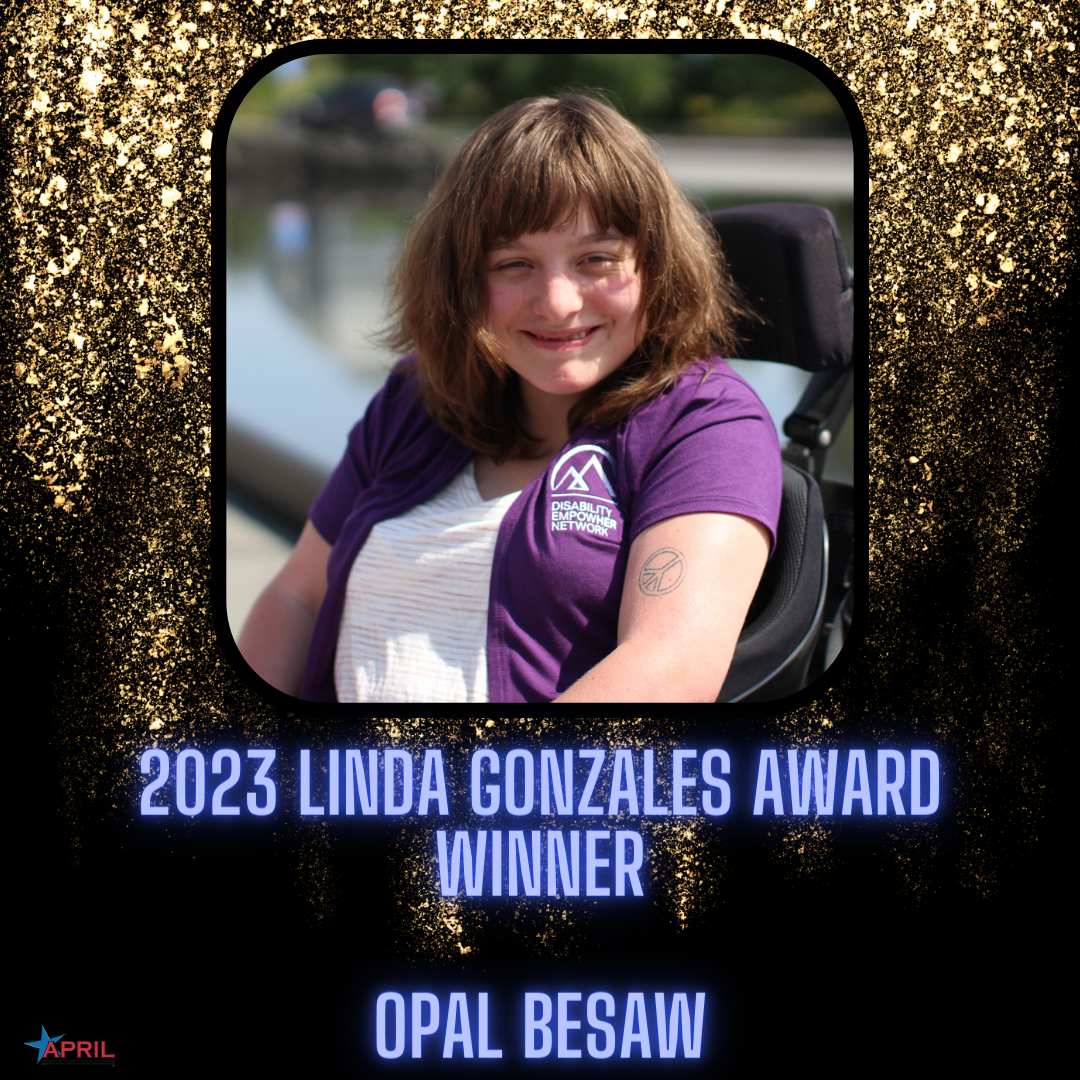 2023 Linda Gonzales Award Winner Opal Besaw. Photo of Opal, a young white woman with short brown hair and bangs wearing a purple Disability EmpowHer Network shirt. Behind this image is gold glitter. Text below her photo says: 2023 Linda Gonzales Award Winner. Opal Besaw.