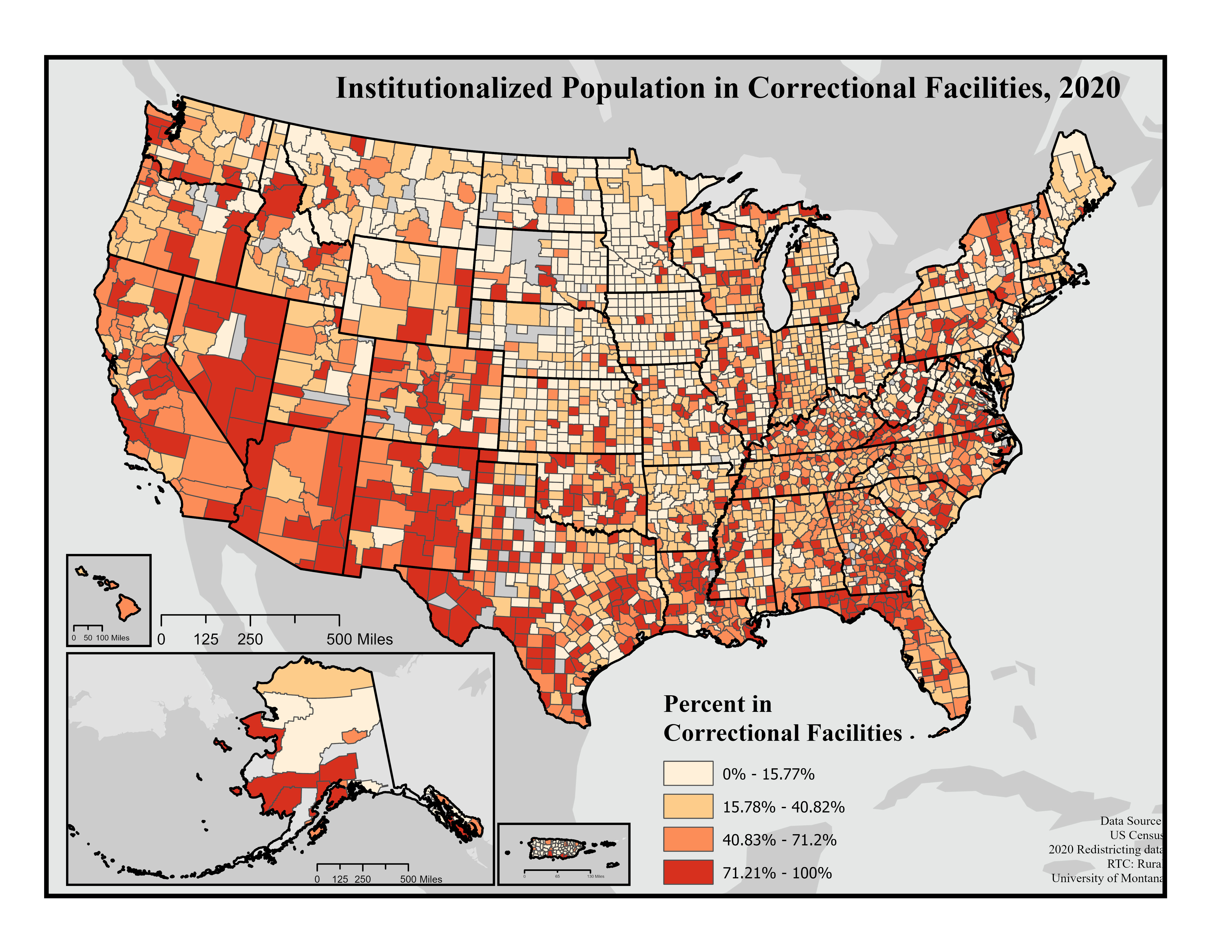 A map of United States counties showing the percentage of the institutionalized population who reside in correctional facilities (i.e. prisons and jails) in shades of light to dark orange. These data are from the US Census 2020 redistricting data. In the lightest orange are counties with 0% to 15.77% of the institutionalized population in correctional facilities. In light orange are counties with 15.78% to 40.82% in correctional facilities, in darker orange are counties with 40.83% to 71.2%. The darkest orange are counties with 71.21% to 100% residing in prisons or jails. Counties with the highest proportion of institutionalized populations in correctional facilities are scattered across the country with some clustering in the Southwest (including California) and the Florida panhandle.