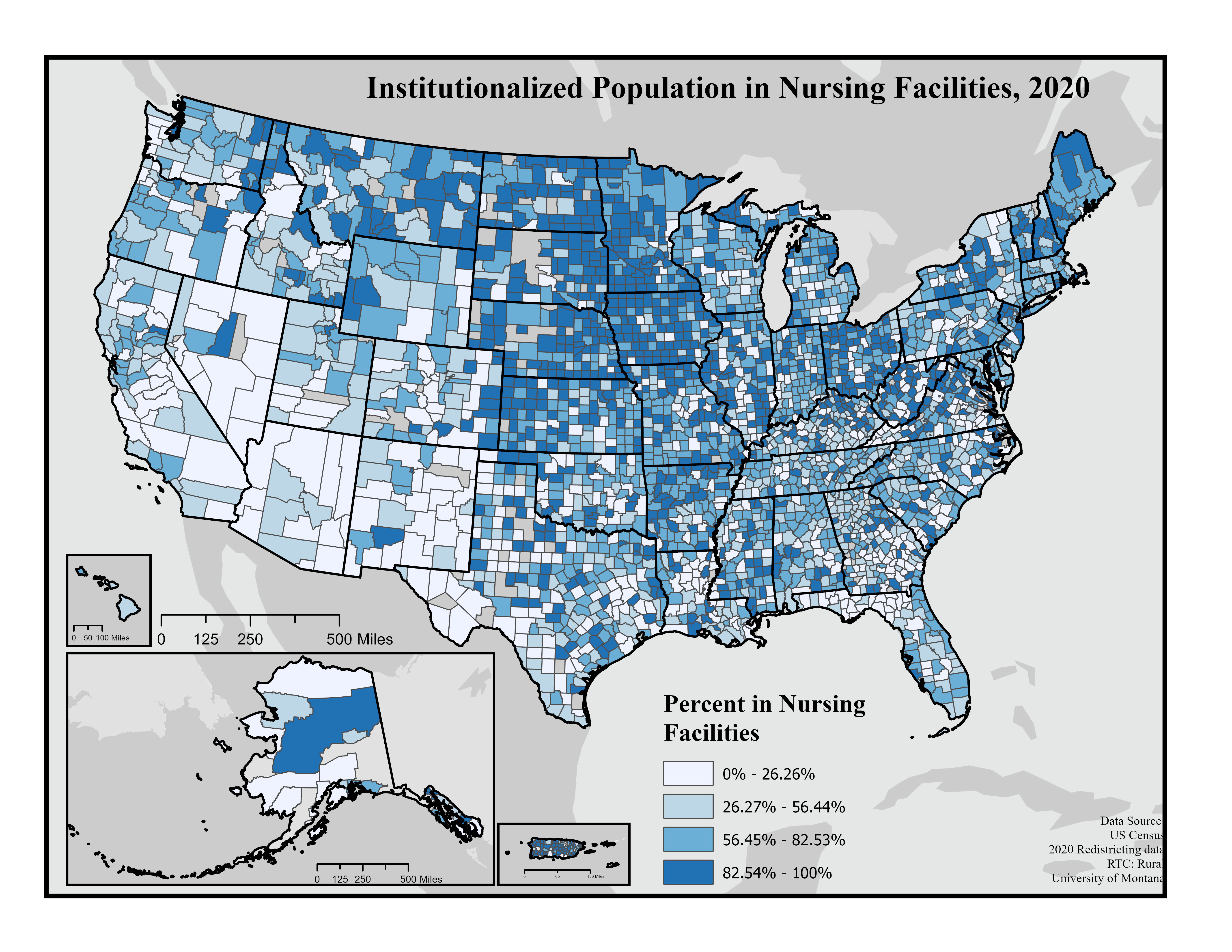 A map of the United States counties showing the percentage of the institutionalized population who reside in nursing facilities in shades of light to dark blue. These data are from the US Census 2020 redistricting data. In the lightest shade of blue are counties with 0% to 26% of the institutionalized population in nursing homes. In light blue are counties with 26.27% to 56.44% and then darker blue representing 56.45% to 82.53%. The darkest blue counties have 82.54% to 100% of the institutionalized populations residing in nursing homes. Counties with the highest proportion of institutionalized populations in nursing homes are scattered across the country with some clustering in the Great Plains, and rural counties in the Midwest, West, Northeast and South.