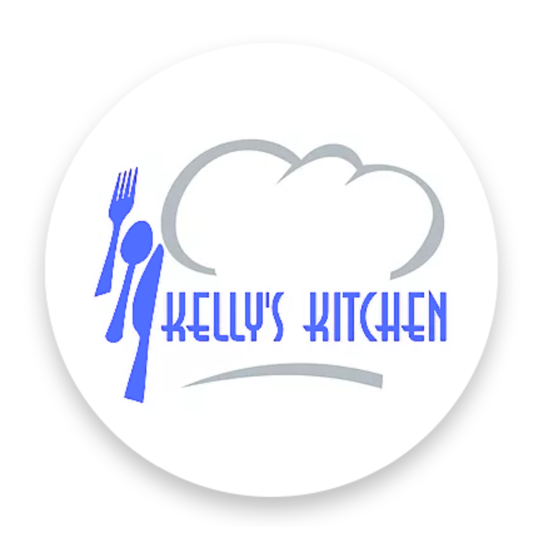 Kellys Kitchen Logo in periwinkle and gray tones. Outline illustration of a chef hat in gray with purple utensils to the left of the hat and the words "Kelly's Kitchen" underneath.