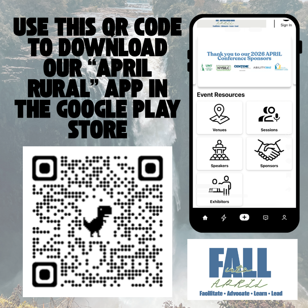 Screenshot of the APRIL Rural Conference event section of the app with a QR code to download the app from the Google Play store.