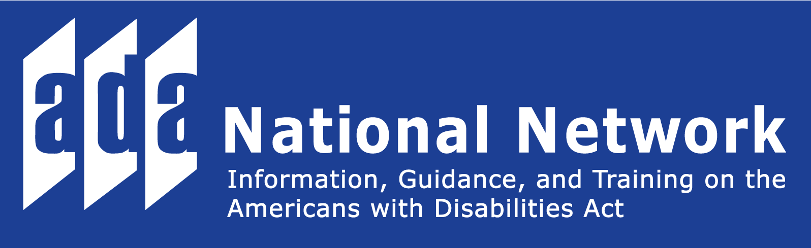 ADA National Network logo in dark blue and white color scheme. Under the logo is the phrase "information, guidance, and training on the Americans with Disabilities Act"