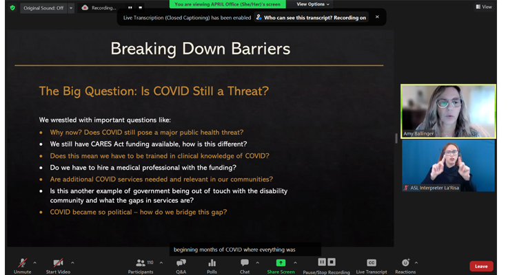 Screenshot of a presentation by Amy Ballinger, a white woman with long waivy dark blonde hair and glasses. The screenshot of the virtual session shows text on the screen titled Breaking Down Barriers.