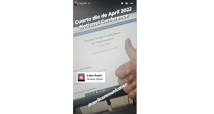 Image of a screenshot of a computer that says Thursday. October 13. 2022. Day 4. with a thumbs up to the side of the photo. Writing on the photo says Cuarto dia de April 2022 National Conference.